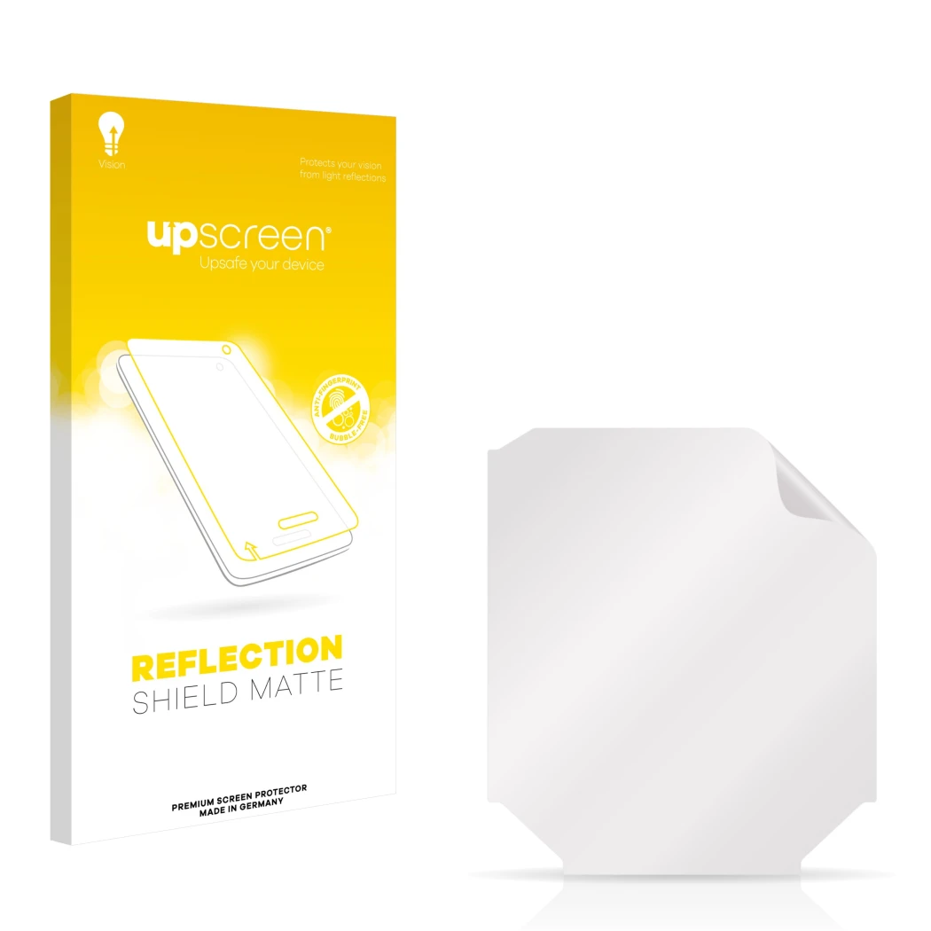 Face avant d’un emballage produit avec le logo de la marque upscreen. À côté se trouve la protection d’écran correspondante.