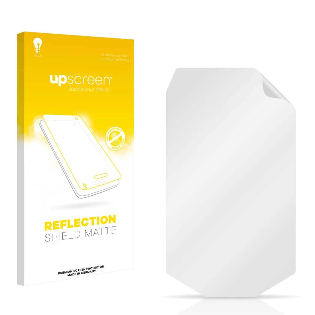 Face avant d’un emballage produit avec le logo de la marque upscreen. À côté se trouve la protection d’écran correspondante.