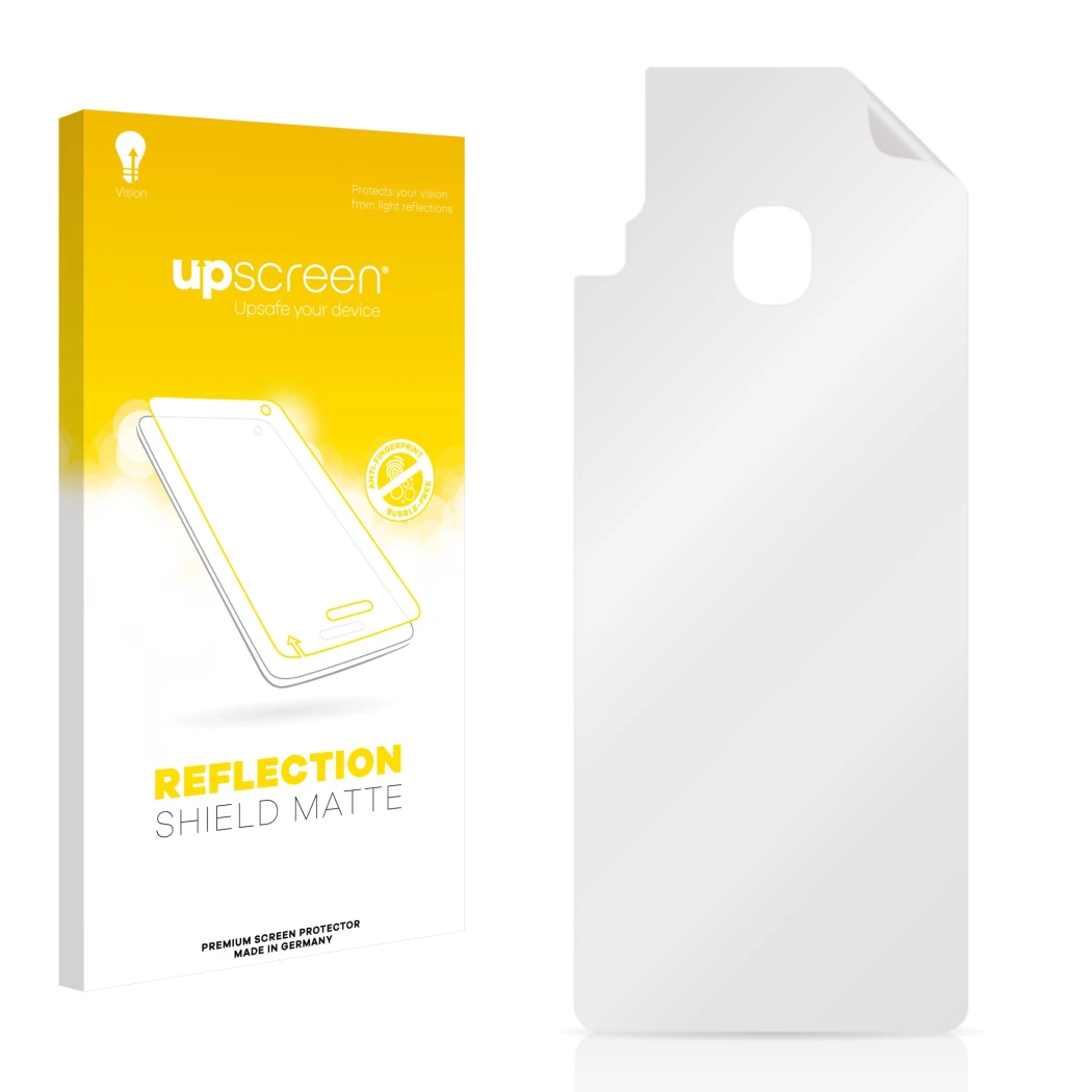 Face avant d’un emballage produit avec le logo de la marque upscreen. À côté se trouve la protection d’écran correspondante.