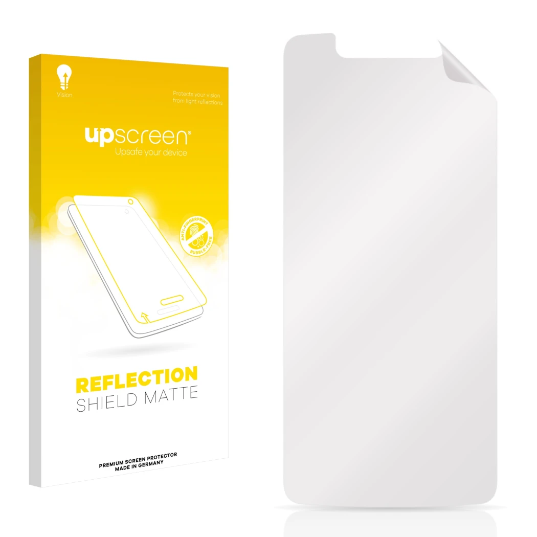Face avant d’un emballage produit avec le logo de la marque upscreen. À côté se trouve la protection d’écran correspondante.