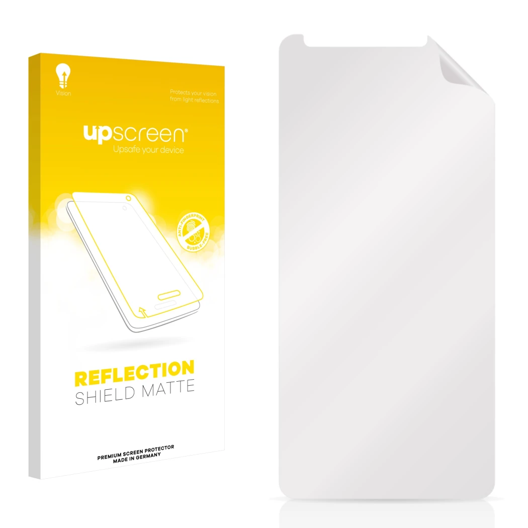Face avant d’un emballage produit avec le logo de la marque upscreen. À côté se trouve la protection d’écran correspondante.