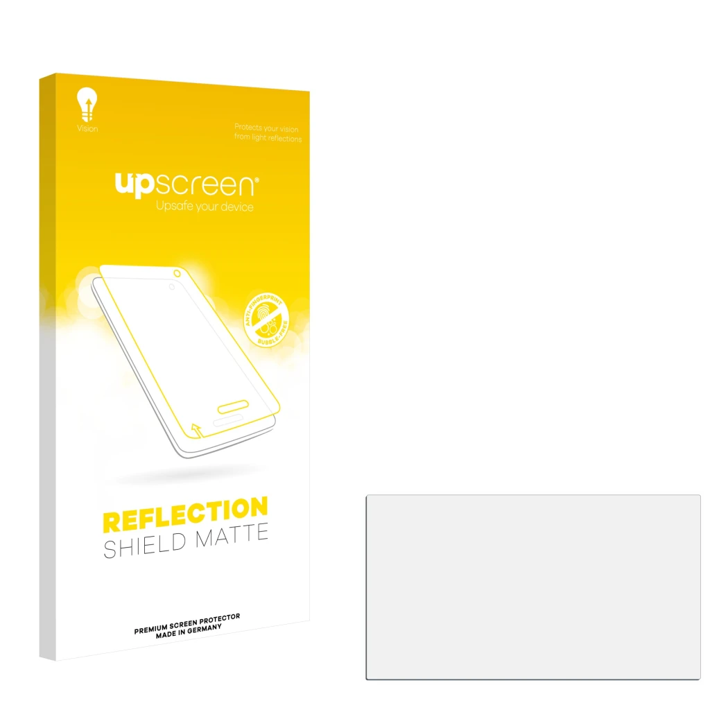 Face avant d’un emballage produit avec le logo de la marque upscreen. À côté se trouve la protection d’écran correspondante.