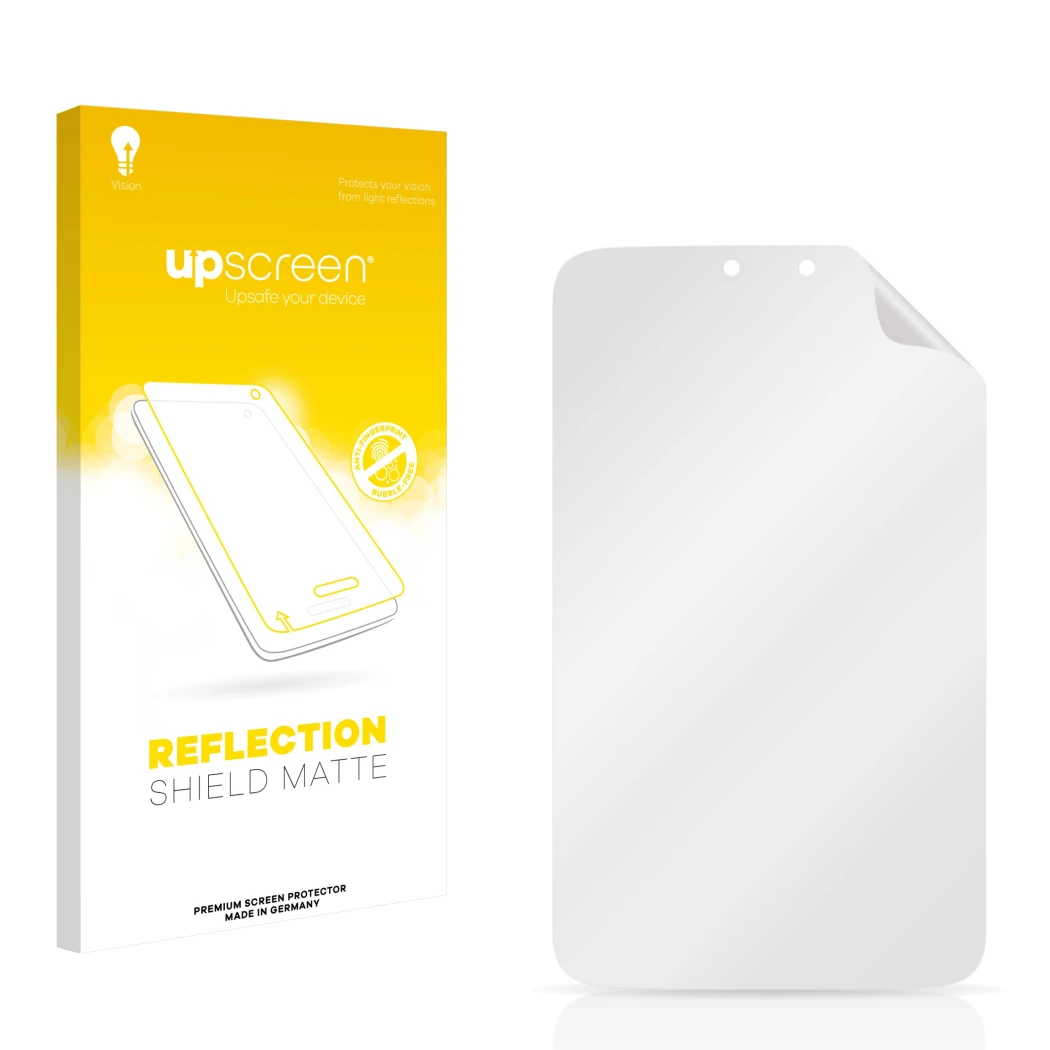 Face avant d’un emballage produit avec le logo de la marque upscreen. À côté se trouve la protection d’écran correspondante.