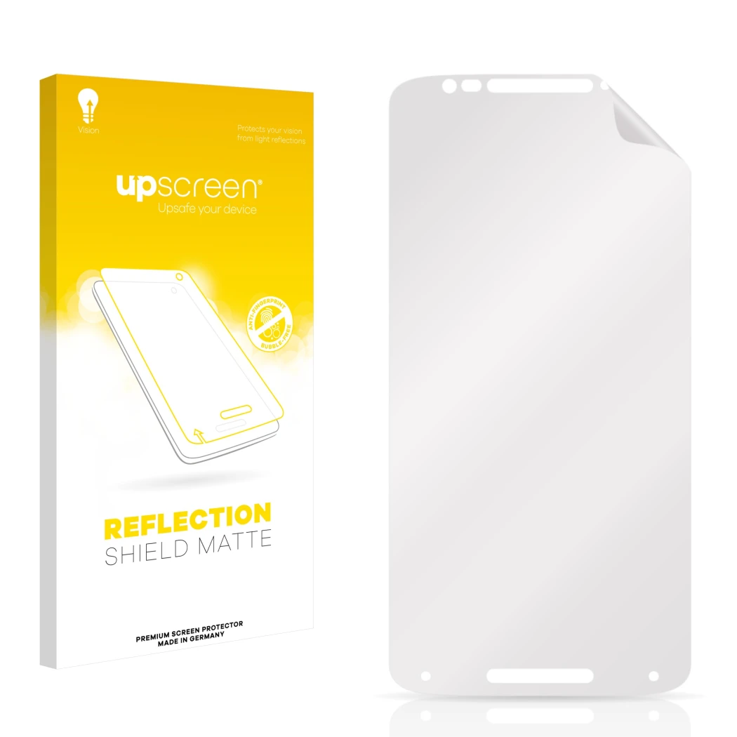 Face avant d’un emballage produit avec le logo de la marque upscreen. À côté se trouve la protection d’écran correspondante.