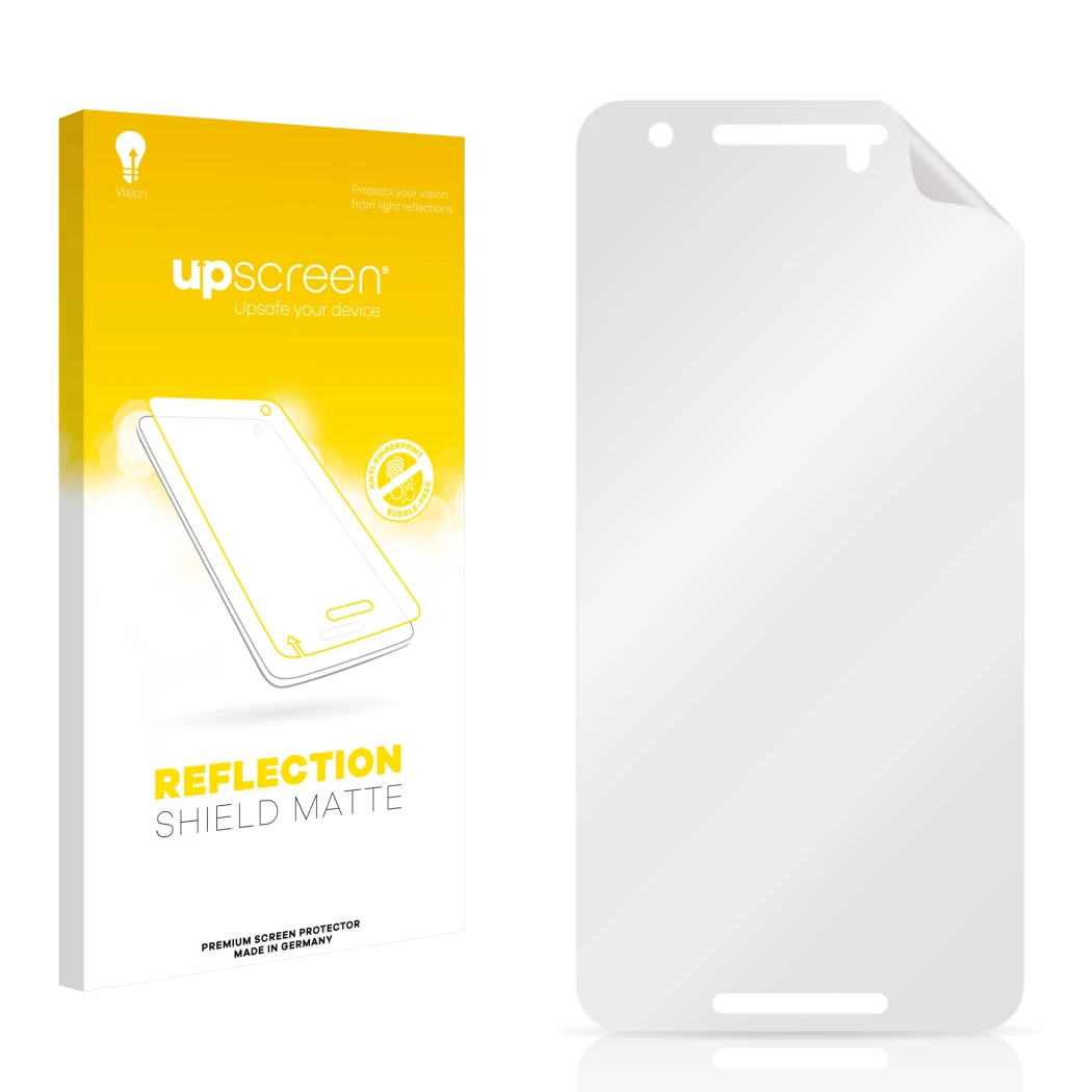 Face avant d’un emballage produit avec le logo de la marque upscreen. À côté se trouve la protection d’écran correspondante.