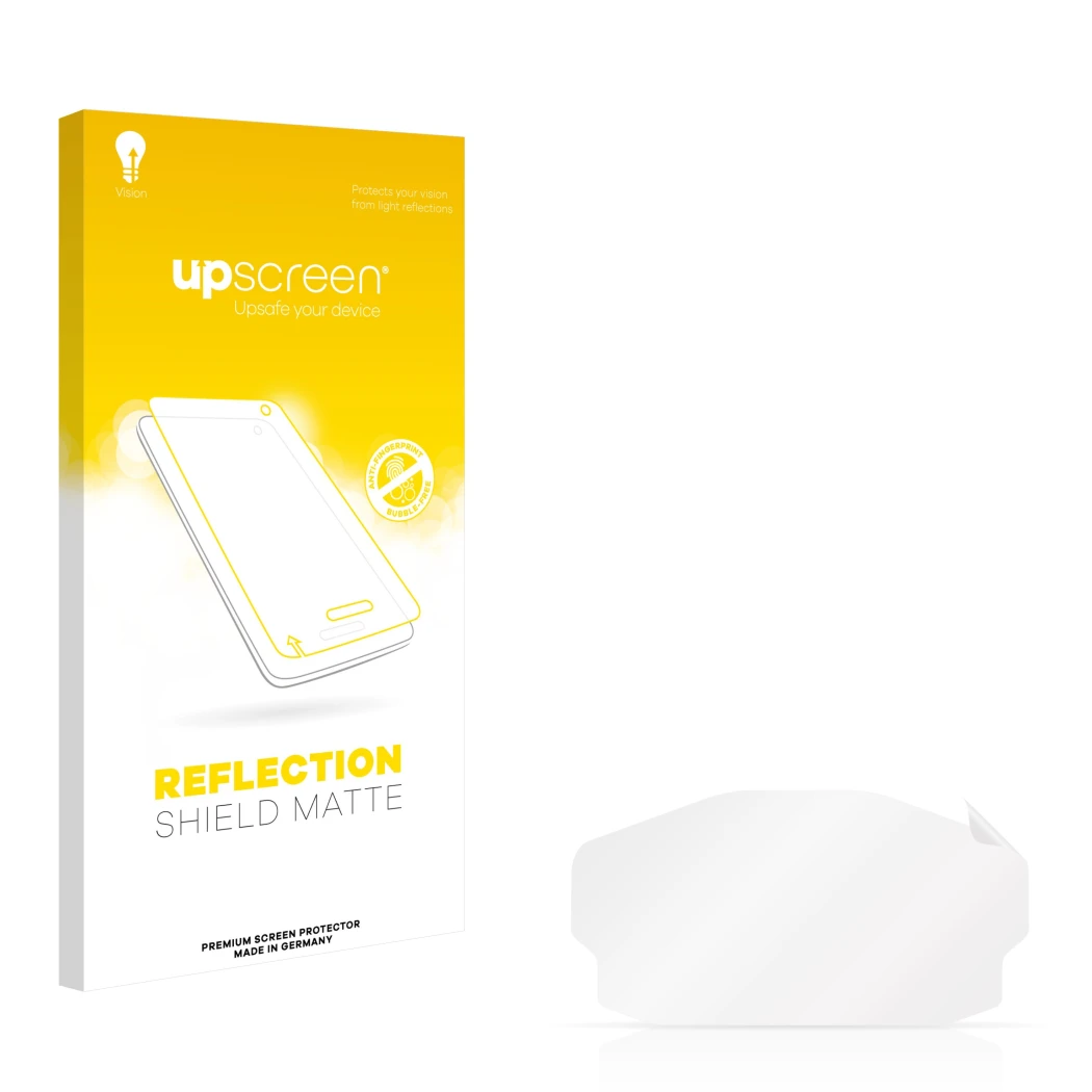 Face avant d’un emballage produit avec le logo de la marque upscreen. À côté se trouve la protection d’écran correspondante.