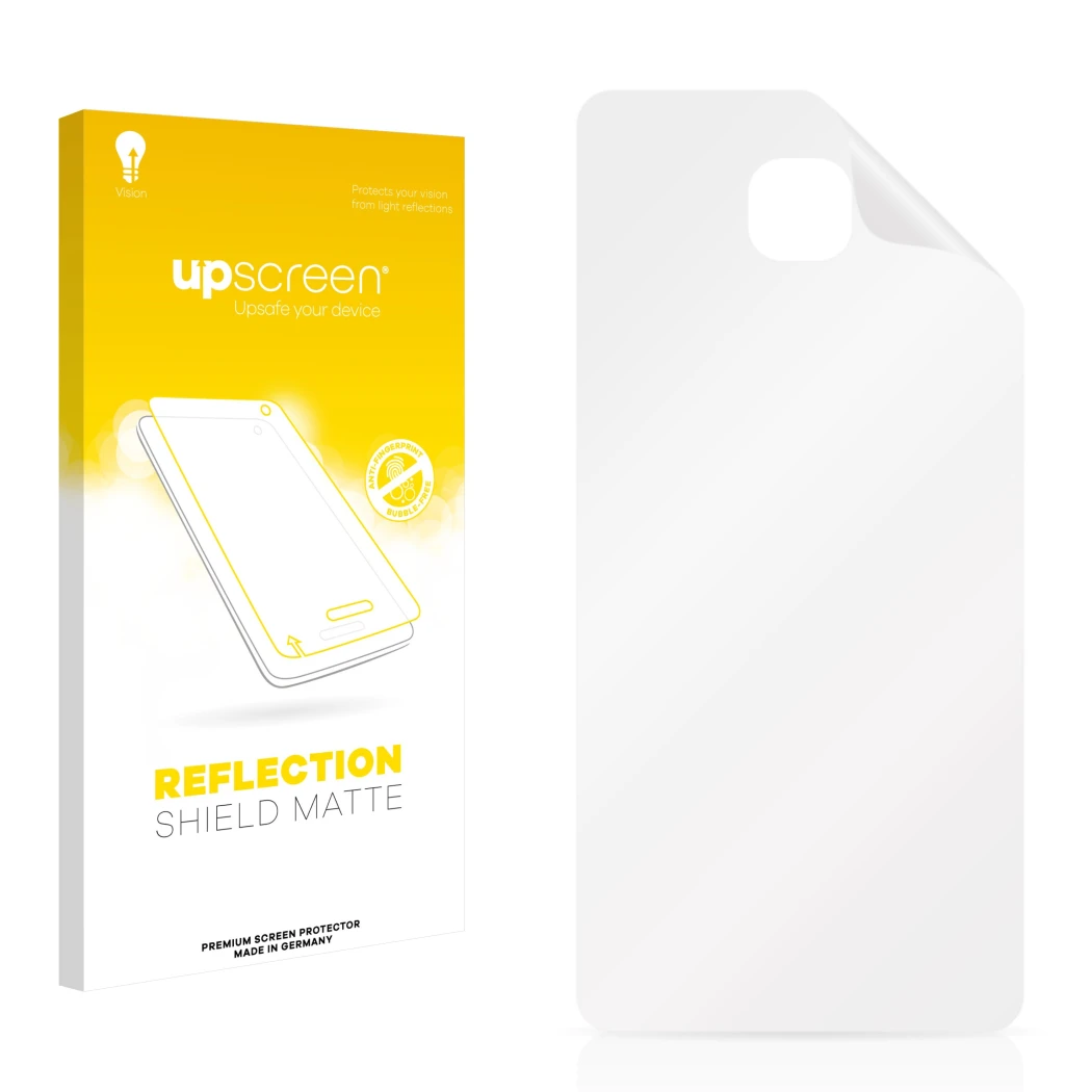 Face avant d’un emballage produit avec le logo de la marque upscreen. À côté se trouve la protection d’écran correspondante.