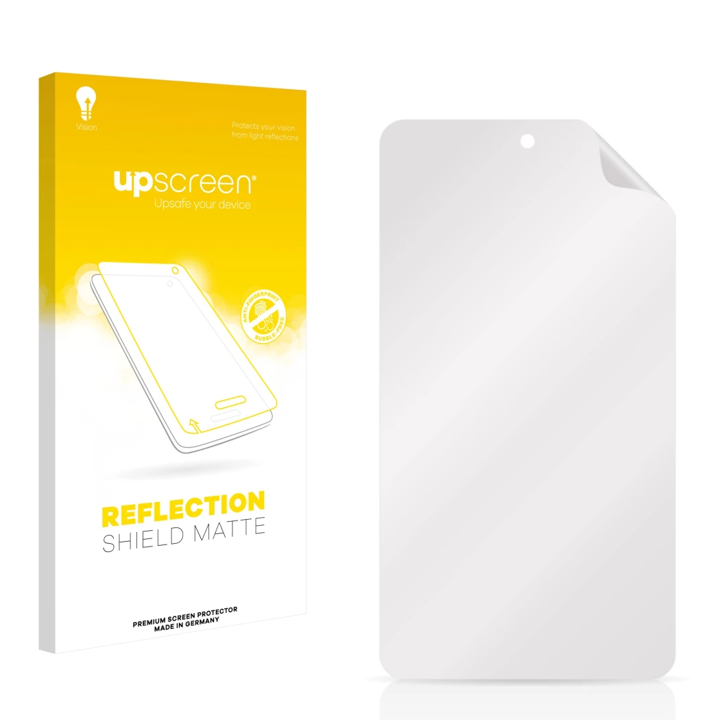 Face avant d’un emballage produit avec le logo de la marque upscreen. À côté se trouve la protection d’écran correspondante.