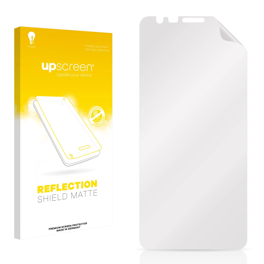 Face avant d’un emballage produit avec le logo de la marque upscreen. À côté se trouve la protection d’écran correspondante.