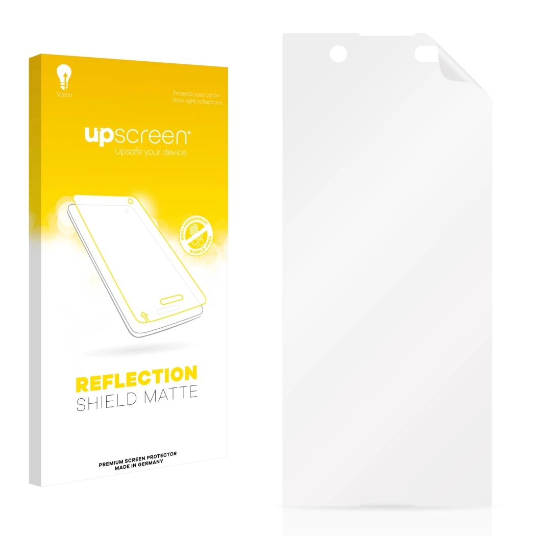 Face avant d’un emballage produit avec le logo de la marque upscreen. À côté se trouve la protection d’écran correspondante.