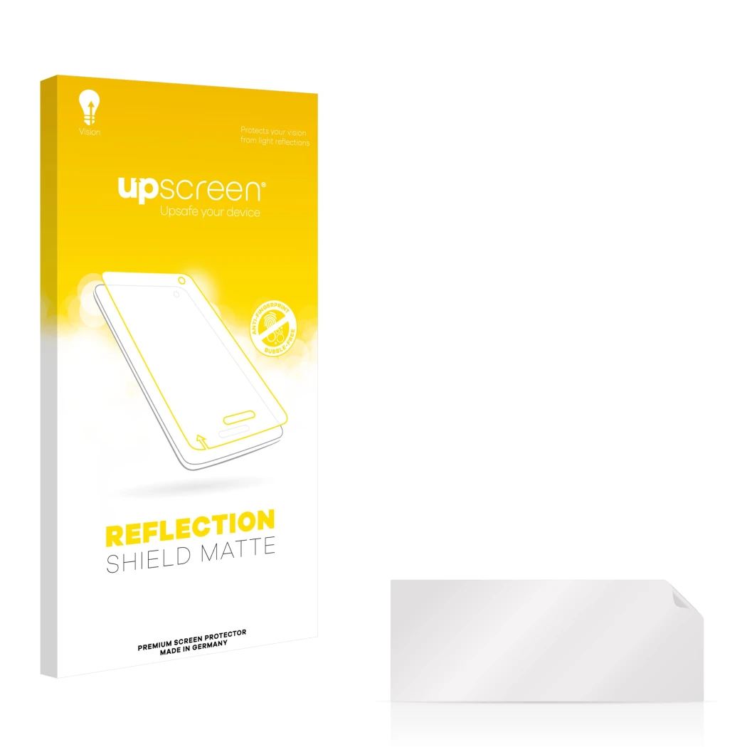 Face avant d’un emballage produit avec le logo de la marque upscreen. À côté se trouve la protection d’écran correspondante.