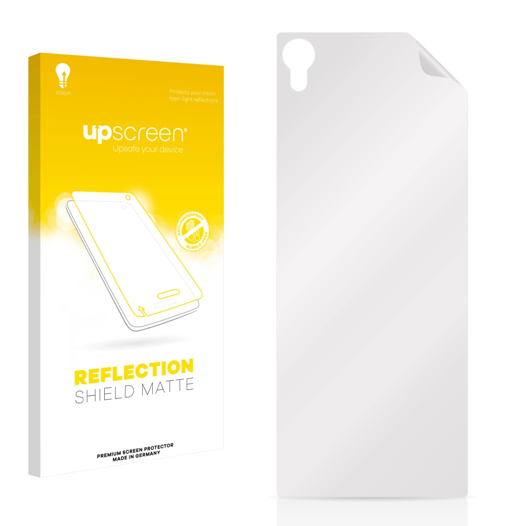Face avant d’un emballage produit avec le logo de la marque upscreen. À côté se trouve la protection d’écran correspondante.