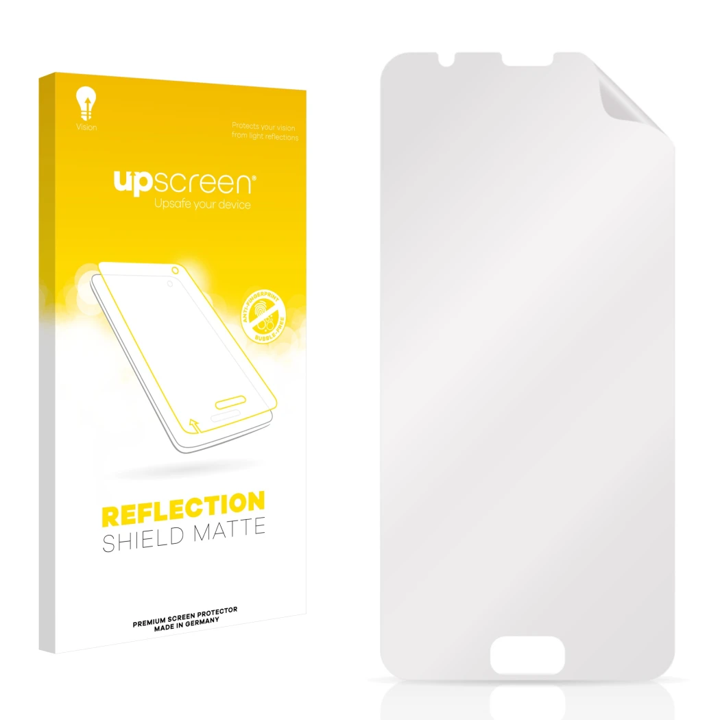 Face avant d’un emballage produit avec le logo de la marque upscreen. À côté se trouve la protection d’écran correspondante.