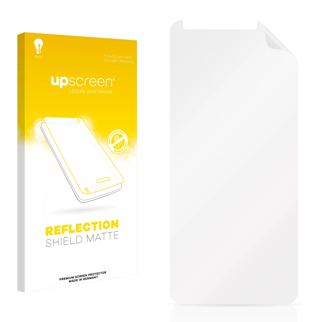 Face avant d’un emballage produit avec le logo de la marque upscreen. À côté se trouve la protection d’écran correspondante.