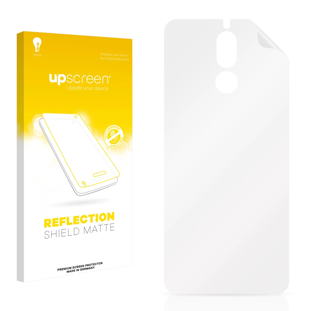 Face avant d’un emballage produit avec le logo de la marque upscreen. À côté se trouve la protection d’écran correspondante.