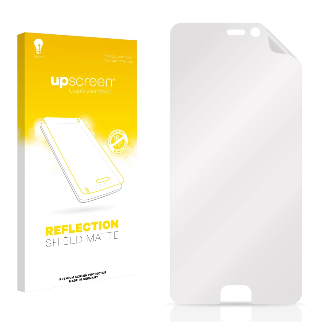 Face avant d’un emballage produit avec le logo de la marque upscreen. À côté se trouve la protection d’écran correspondante.