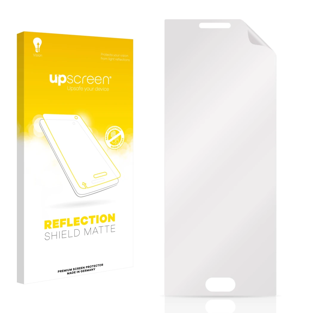 Face avant d’un emballage produit avec le logo de la marque upscreen. À côté se trouve la protection d’écran correspondante.