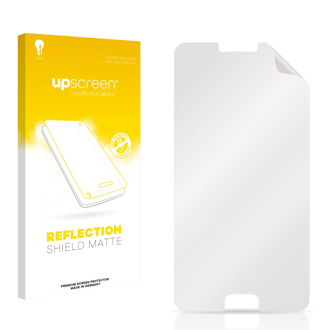 Face avant d’un emballage produit avec le logo de la marque upscreen. À côté se trouve la protection d’écran correspondante.