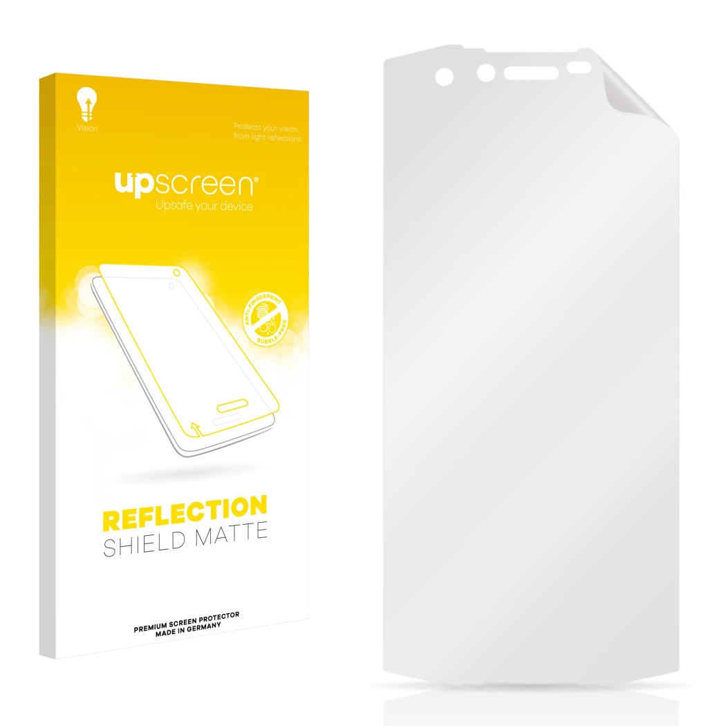 Face avant d’un emballage produit avec le logo de la marque upscreen. À côté se trouve la protection d’écran correspondante.