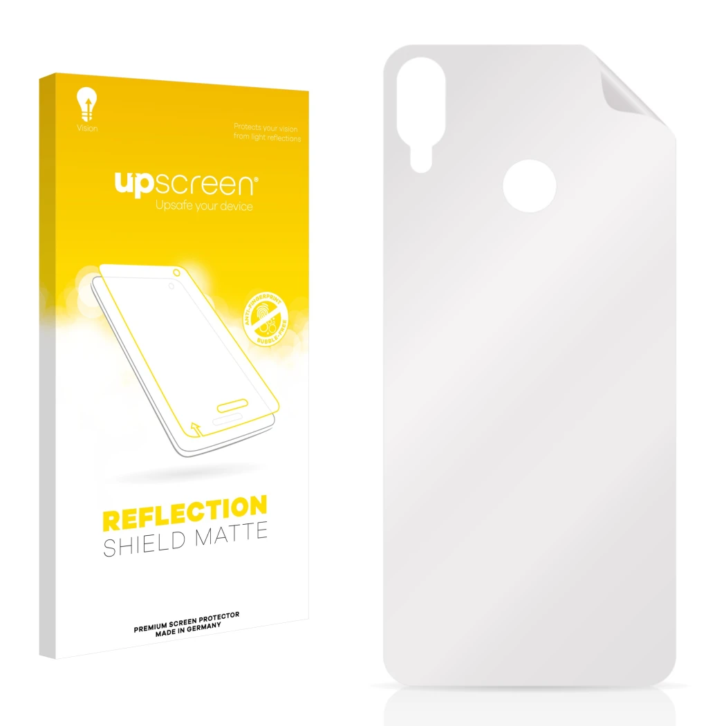 Face avant d’un emballage produit avec le logo de la marque upscreen. À côté se trouve la protection d’écran correspondante.
