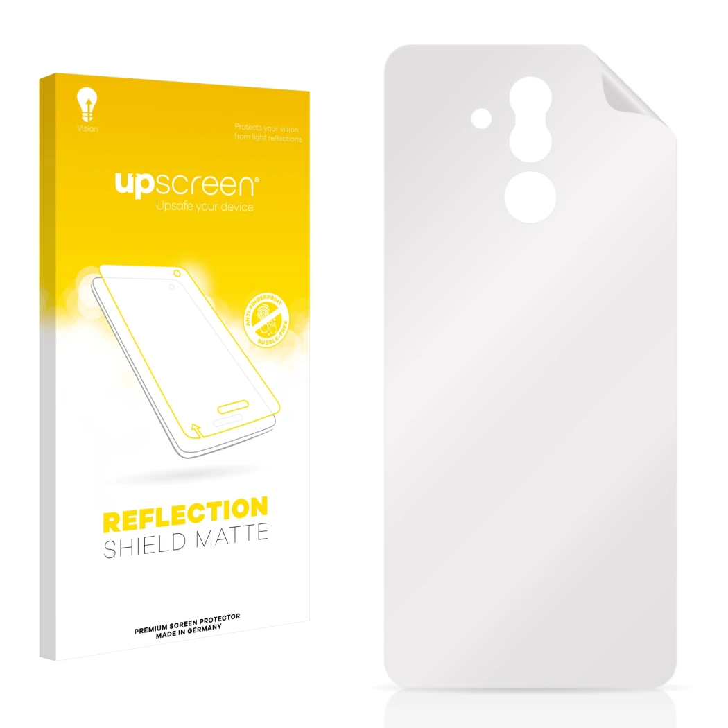 Face avant d’un emballage produit avec le logo de la marque upscreen. À côté se trouve la protection d’écran correspondante.