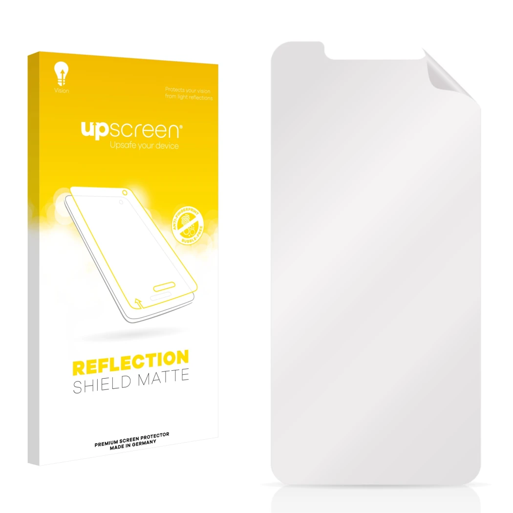 Face avant d’un emballage produit avec le logo de la marque upscreen. À côté se trouve la protection d’écran correspondante.