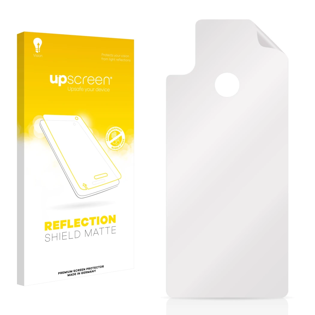 Face avant d’un emballage produit avec le logo de la marque upscreen. À côté se trouve la protection d’écran correspondante.