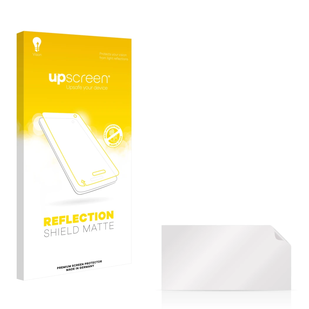 Face avant d’un emballage produit avec le logo de la marque upscreen. À côté se trouve la protection d’écran correspondante.