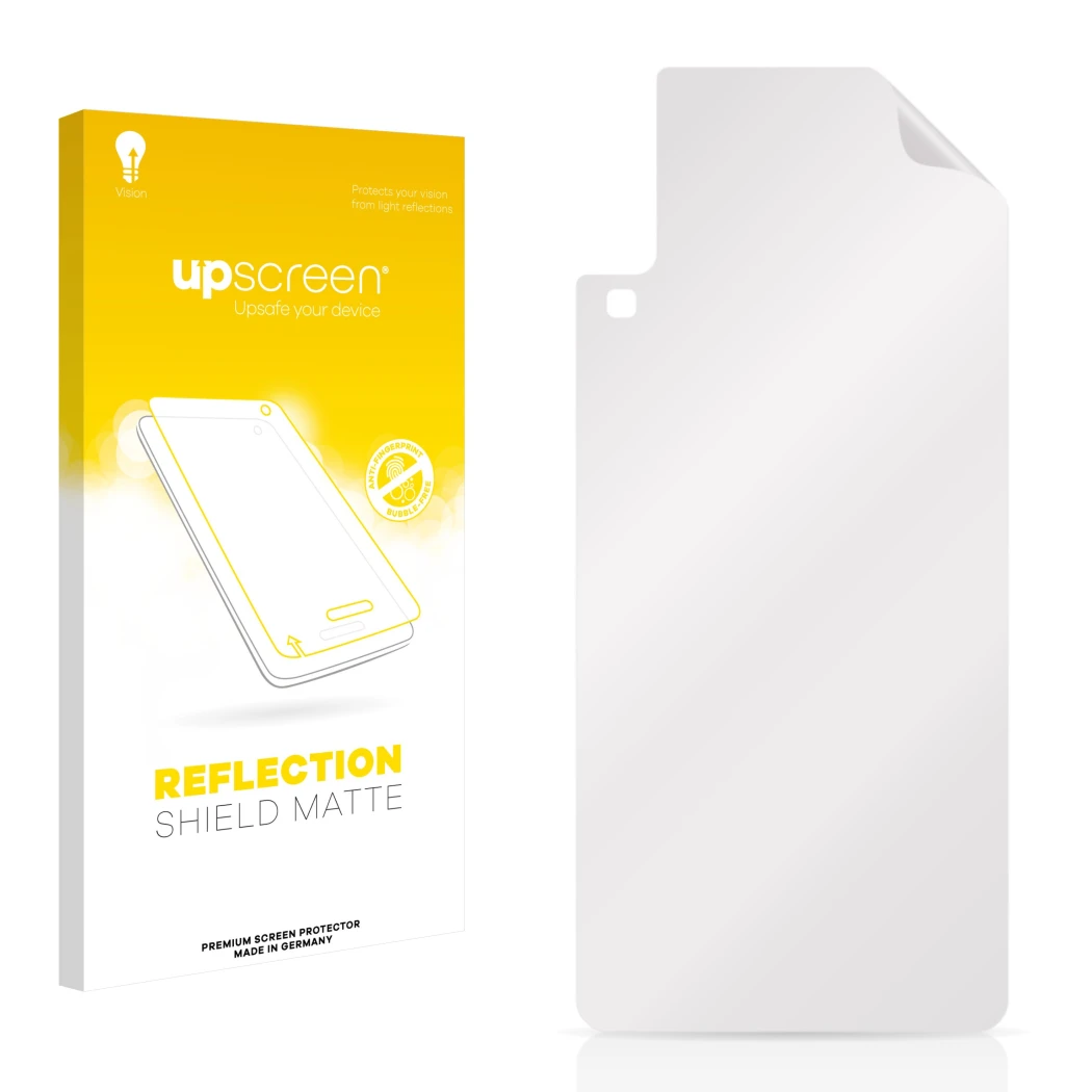 Face avant d’un emballage produit avec le logo de la marque upscreen. À côté se trouve la protection d’écran correspondante.