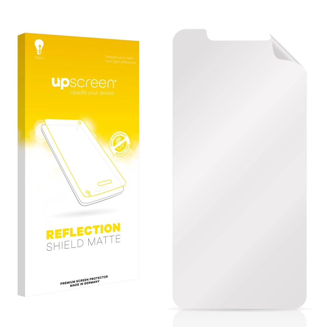 Face avant d’un emballage produit avec le logo de la marque upscreen. À côté se trouve la protection d’écran correspondante.