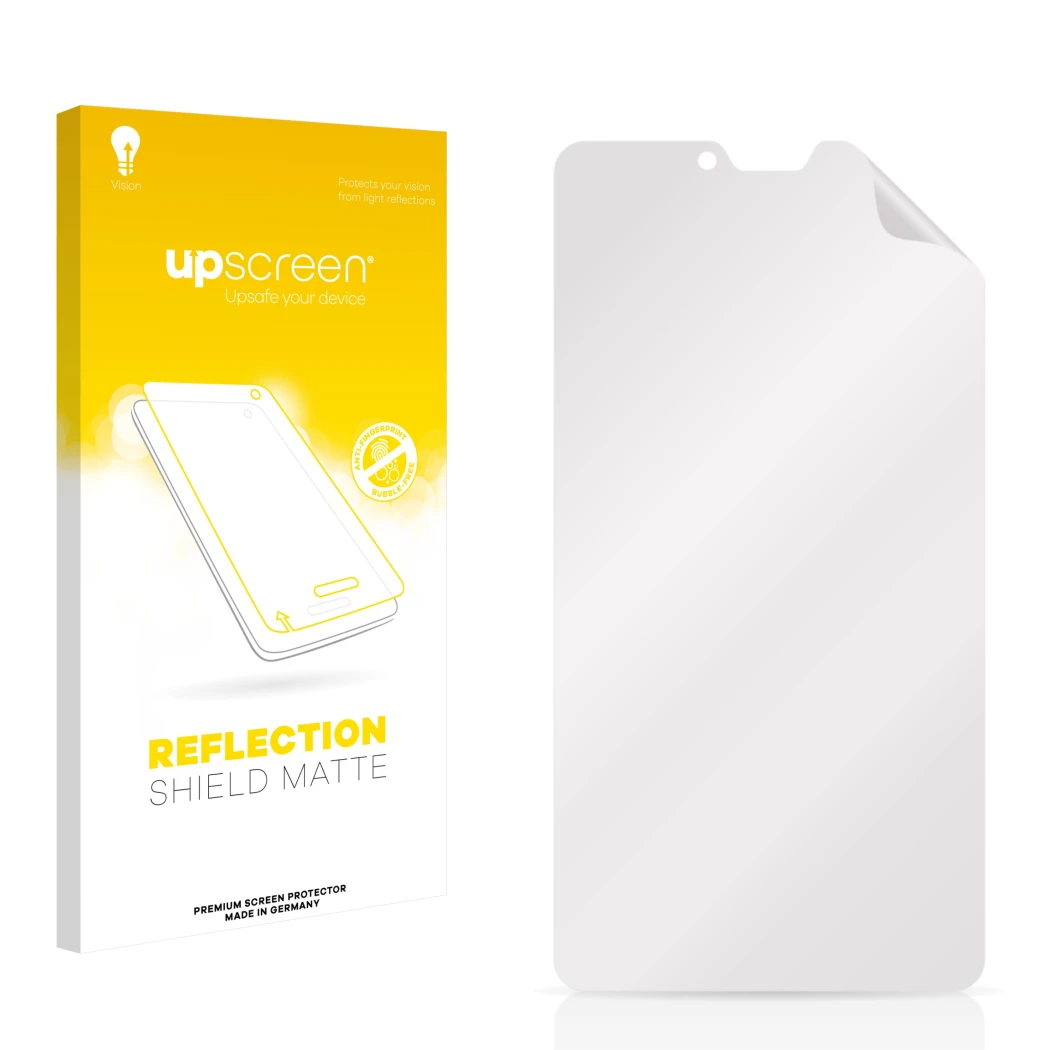 Face avant d’un emballage produit avec le logo de la marque upscreen. À côté se trouve la protection d’écran correspondante.