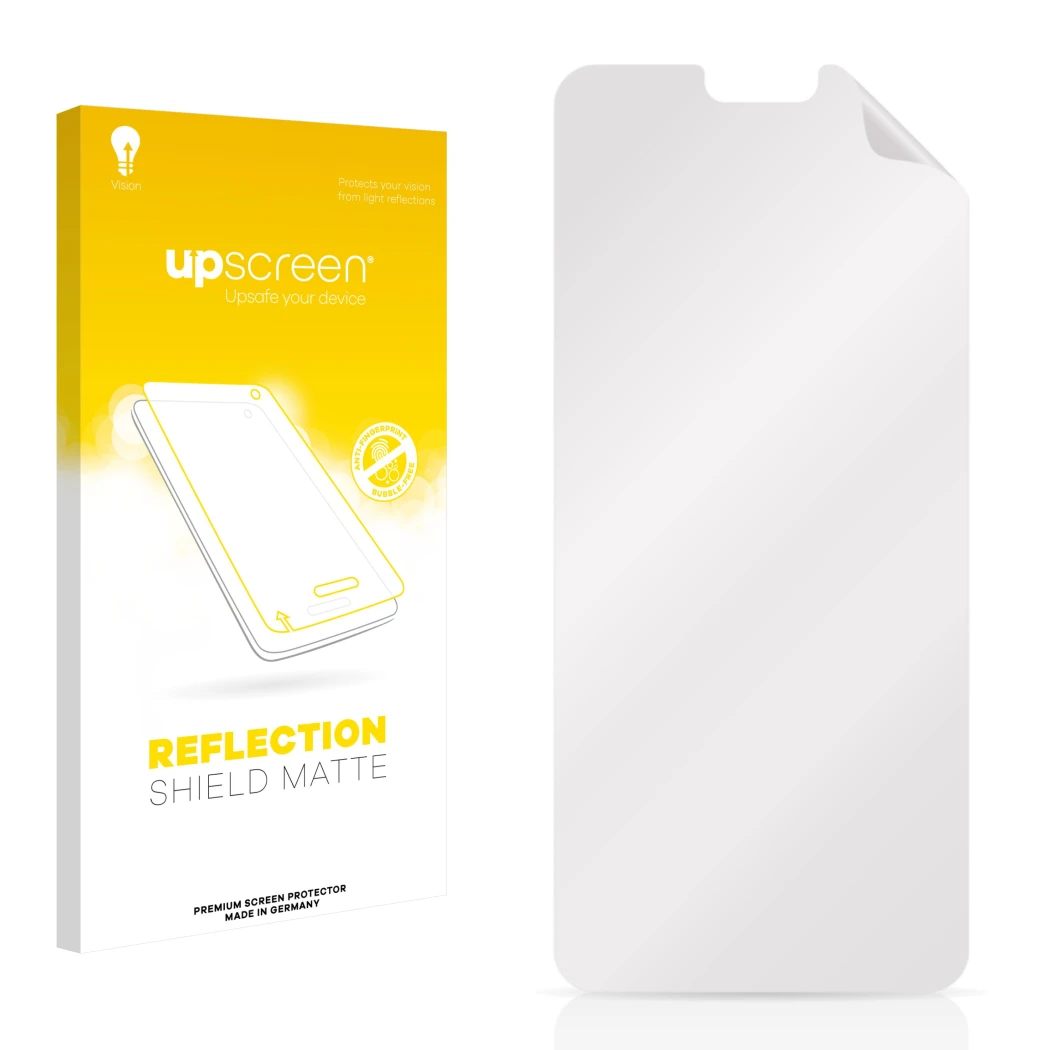 Face avant d’un emballage produit avec le logo de la marque upscreen. À côté se trouve la protection d’écran correspondante.