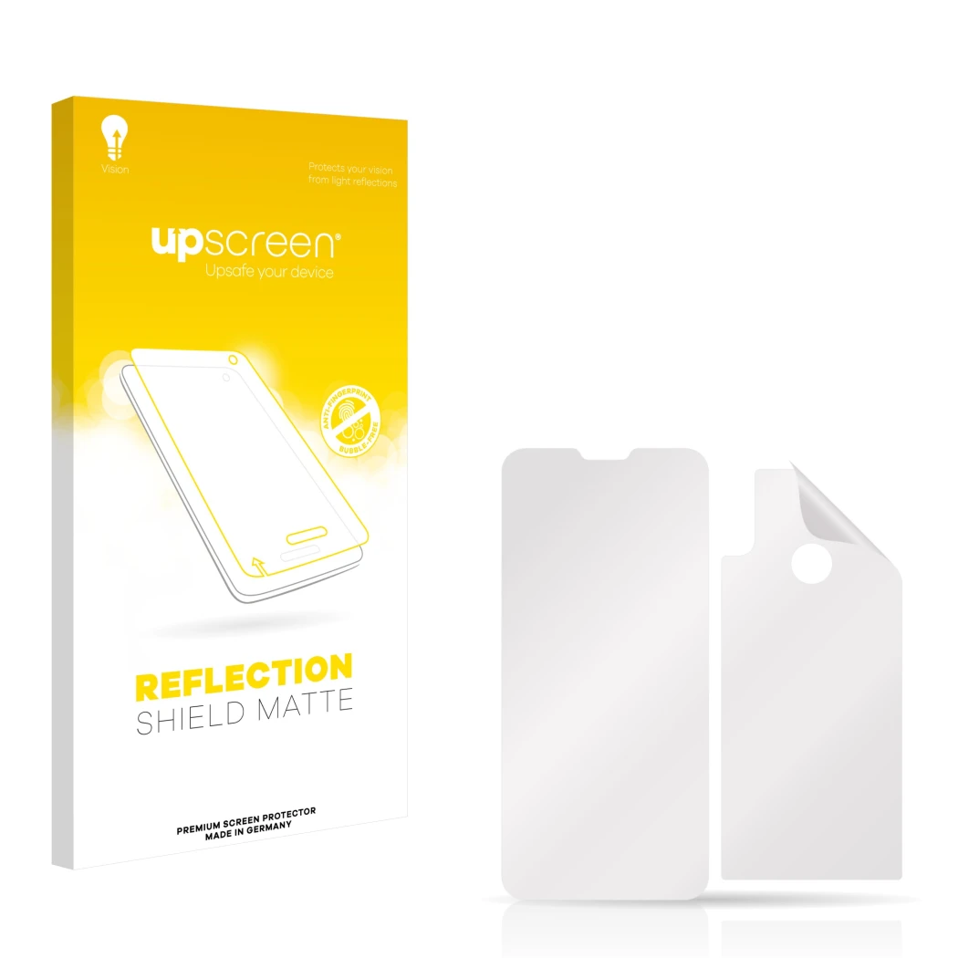 Face avant d’un emballage produit avec le logo de la marque upscreen. À côté se trouve la protection d’écran correspondante.