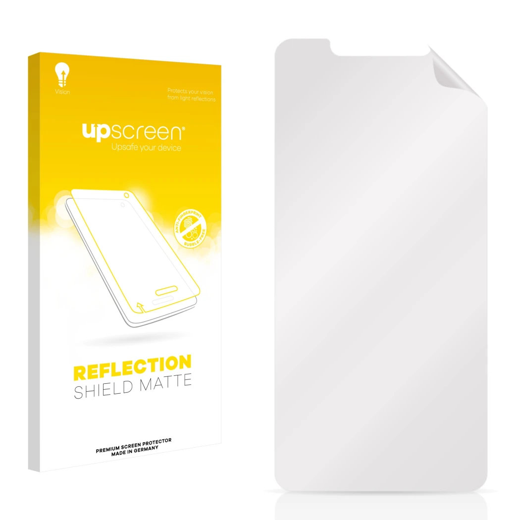 Face avant d’un emballage produit avec le logo de la marque upscreen. À côté se trouve la protection d’écran correspondante.