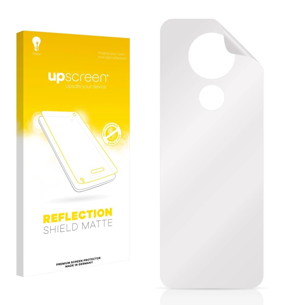 Face avant d’un emballage produit avec le logo de la marque upscreen. À côté se trouve la protection d’écran correspondante.