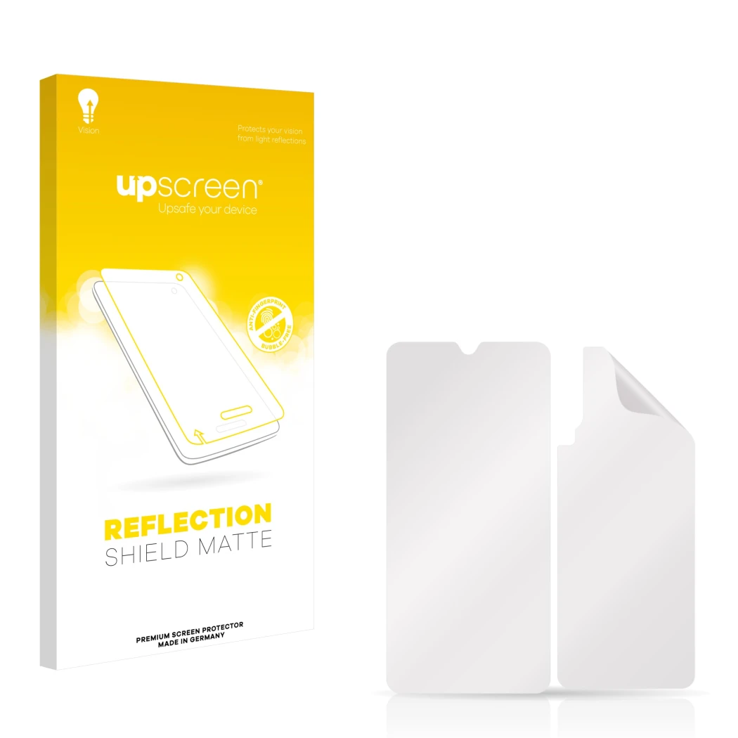 Face avant d’un emballage produit avec le logo de la marque upscreen. À côté se trouve la protection d’écran correspondante.