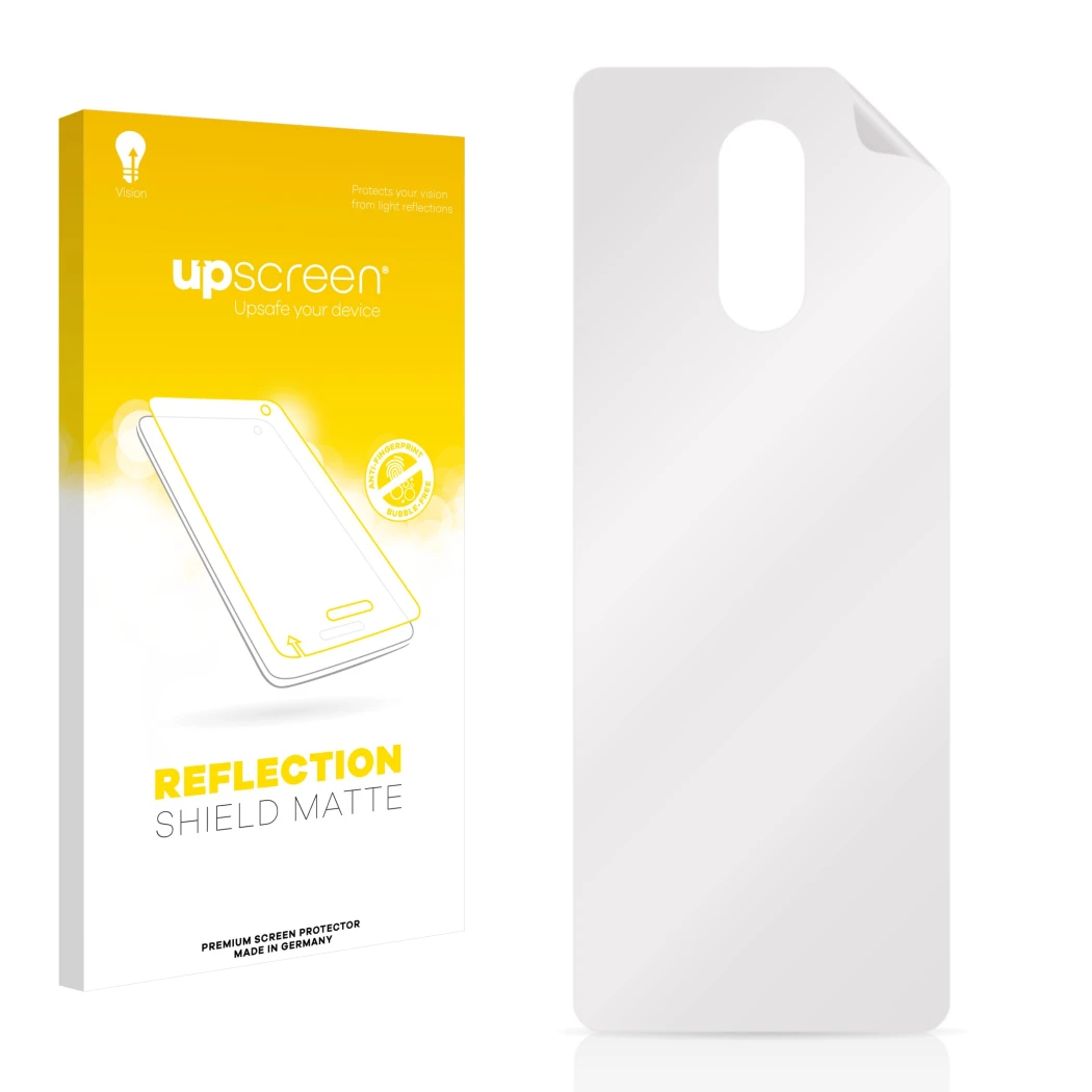 Face avant d’un emballage produit avec le logo de la marque upscreen. À côté se trouve la protection d’écran correspondante.