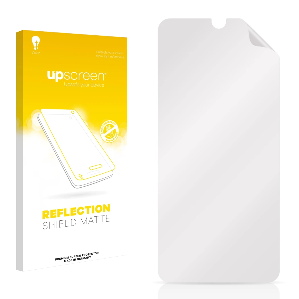Face avant d’un emballage produit avec le logo de la marque upscreen. À côté se trouve la protection d’écran correspondante.