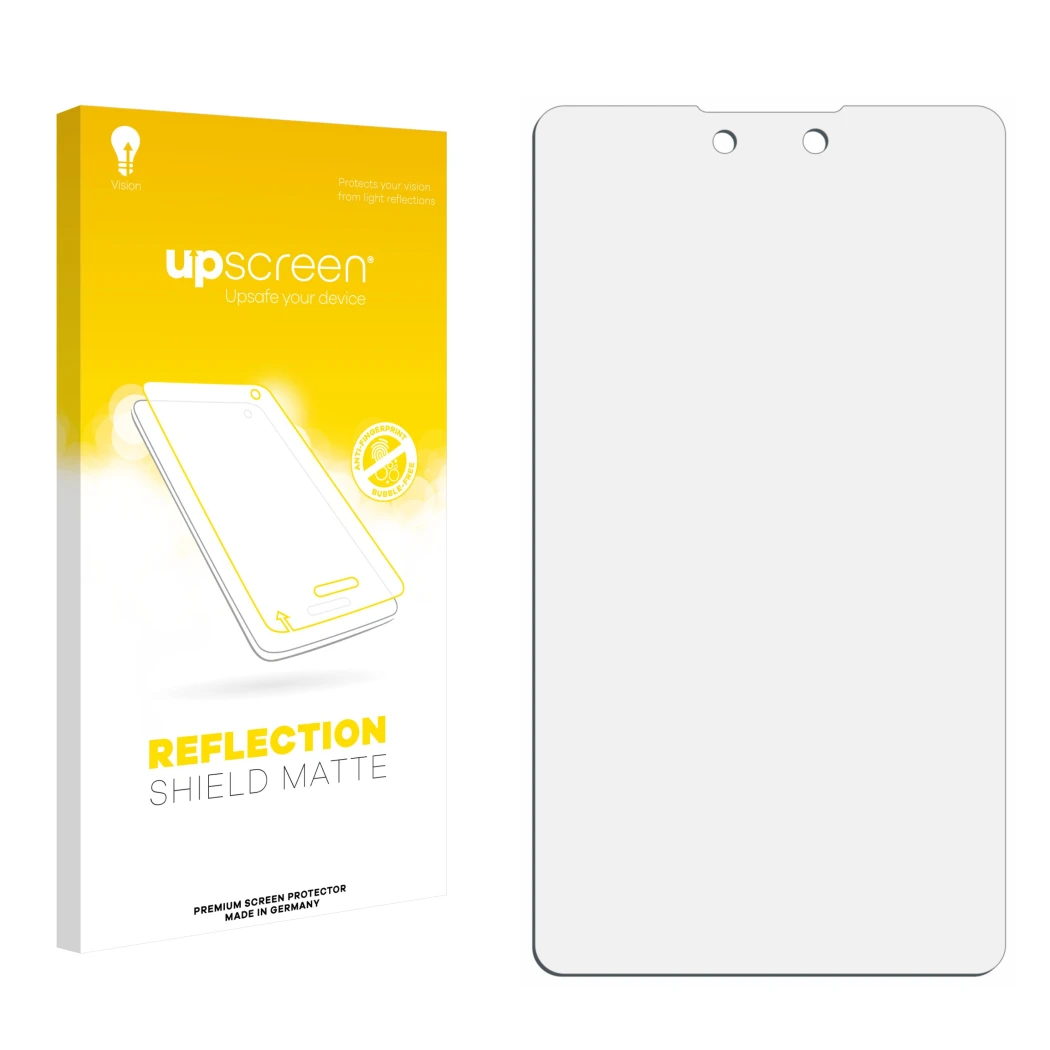 Face avant d’un emballage produit avec le logo de la marque upscreen. À côté se trouve la protection d’écran correspondante.