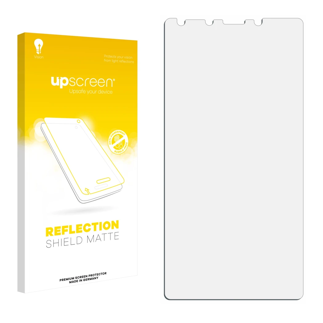 Face avant d’un emballage produit avec le logo de la marque upscreen. À côté se trouve la protection d’écran correspondante.