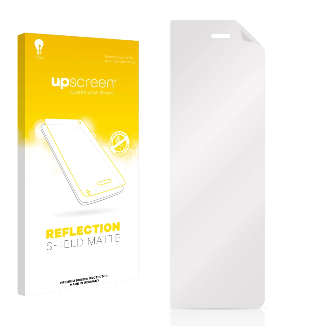 Face avant d’un emballage produit avec le logo de la marque upscreen. À côté se trouve la protection d’écran correspondante.