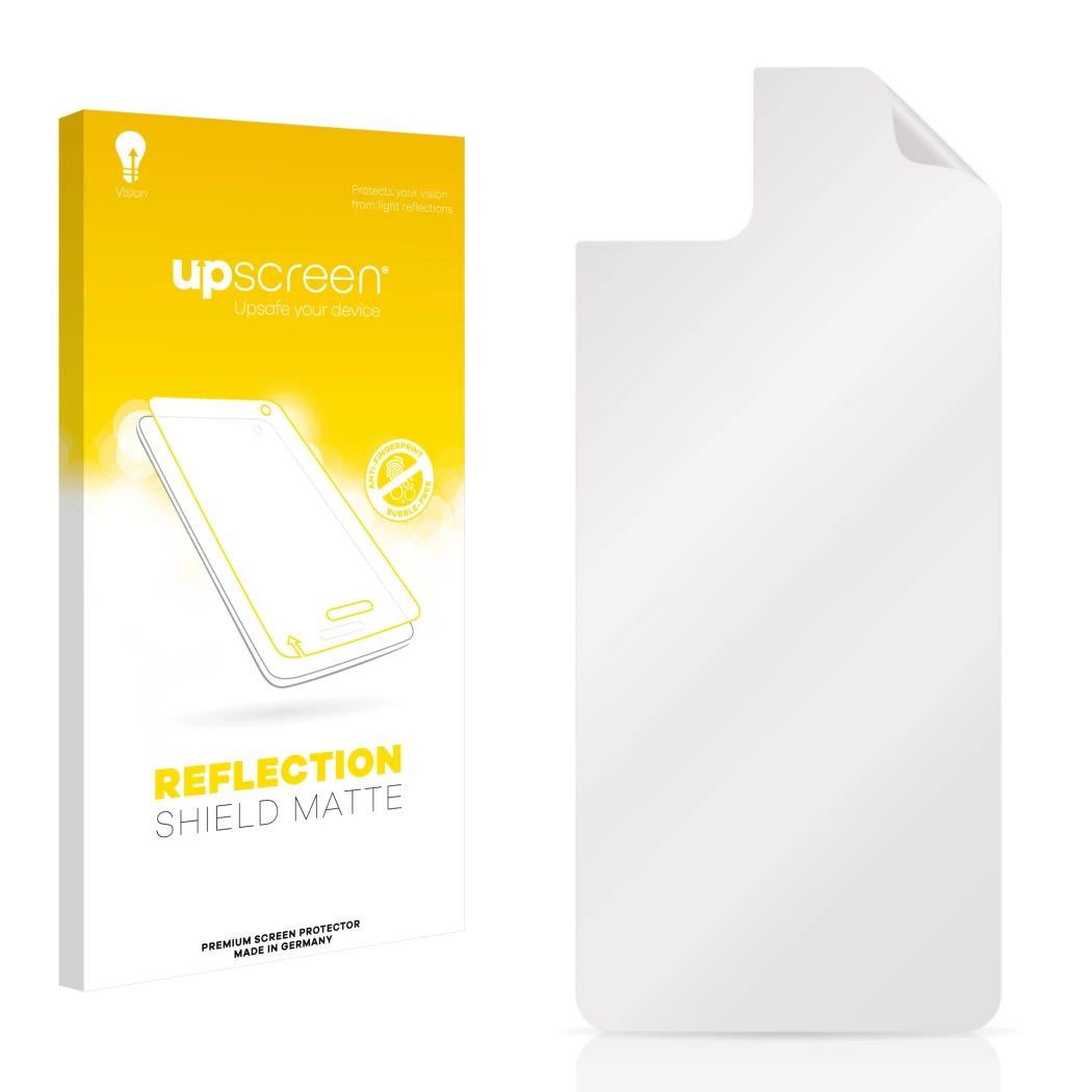 Face avant d’un emballage produit avec le logo de la marque upscreen. À côté se trouve la protection d’écran correspondante.