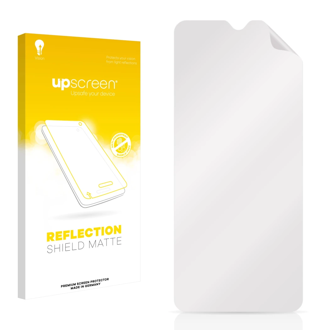 Face avant d’un emballage produit avec le logo de la marque upscreen. À côté se trouve la protection d’écran correspondante.