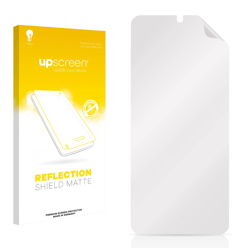 Face avant d’un emballage produit avec le logo de la marque upscreen. À côté se trouve la protection d’écran correspondante.