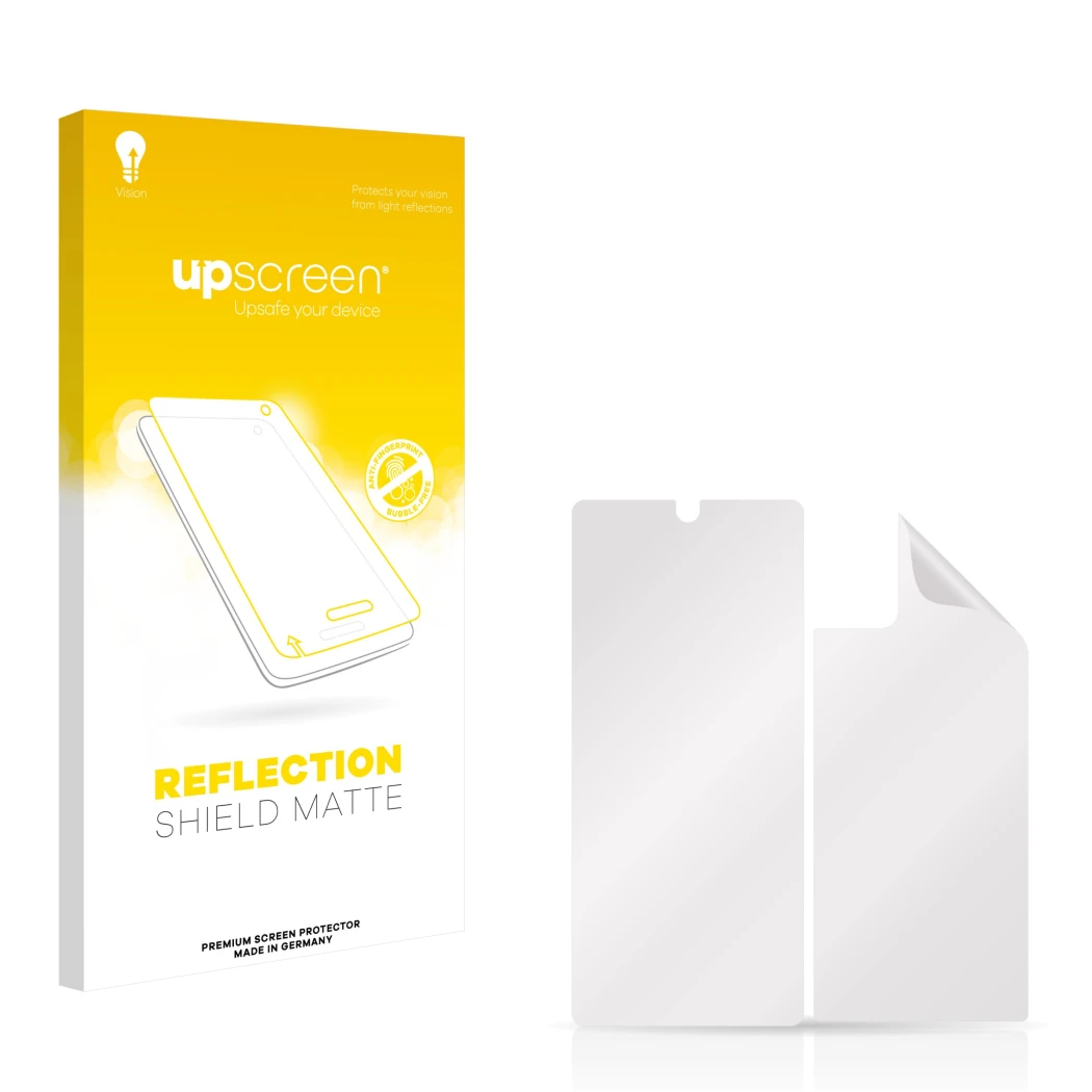 Face avant d’un emballage produit avec le logo de la marque upscreen. À côté se trouve la protection d’écran correspondante.