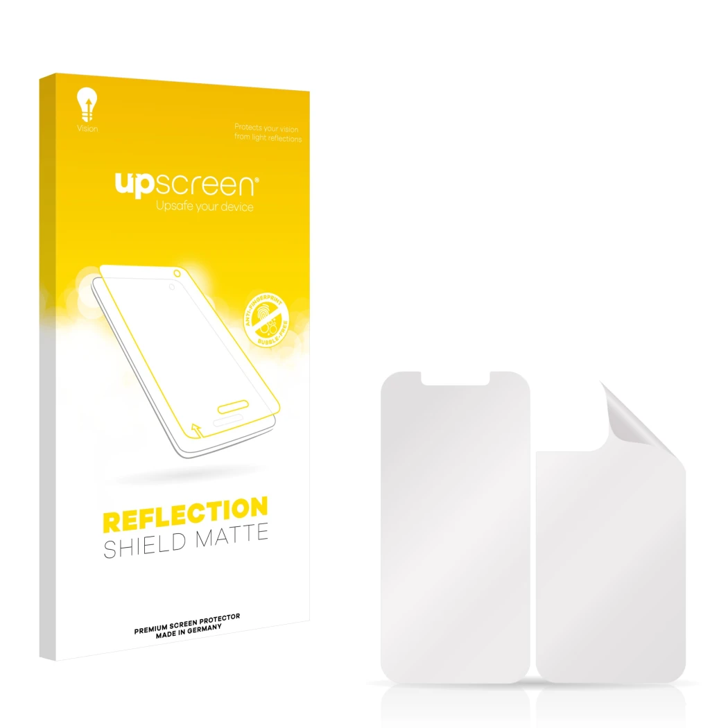 Face avant d’un emballage produit avec le logo de la marque upscreen. À côté se trouve la protection d’écran correspondante.