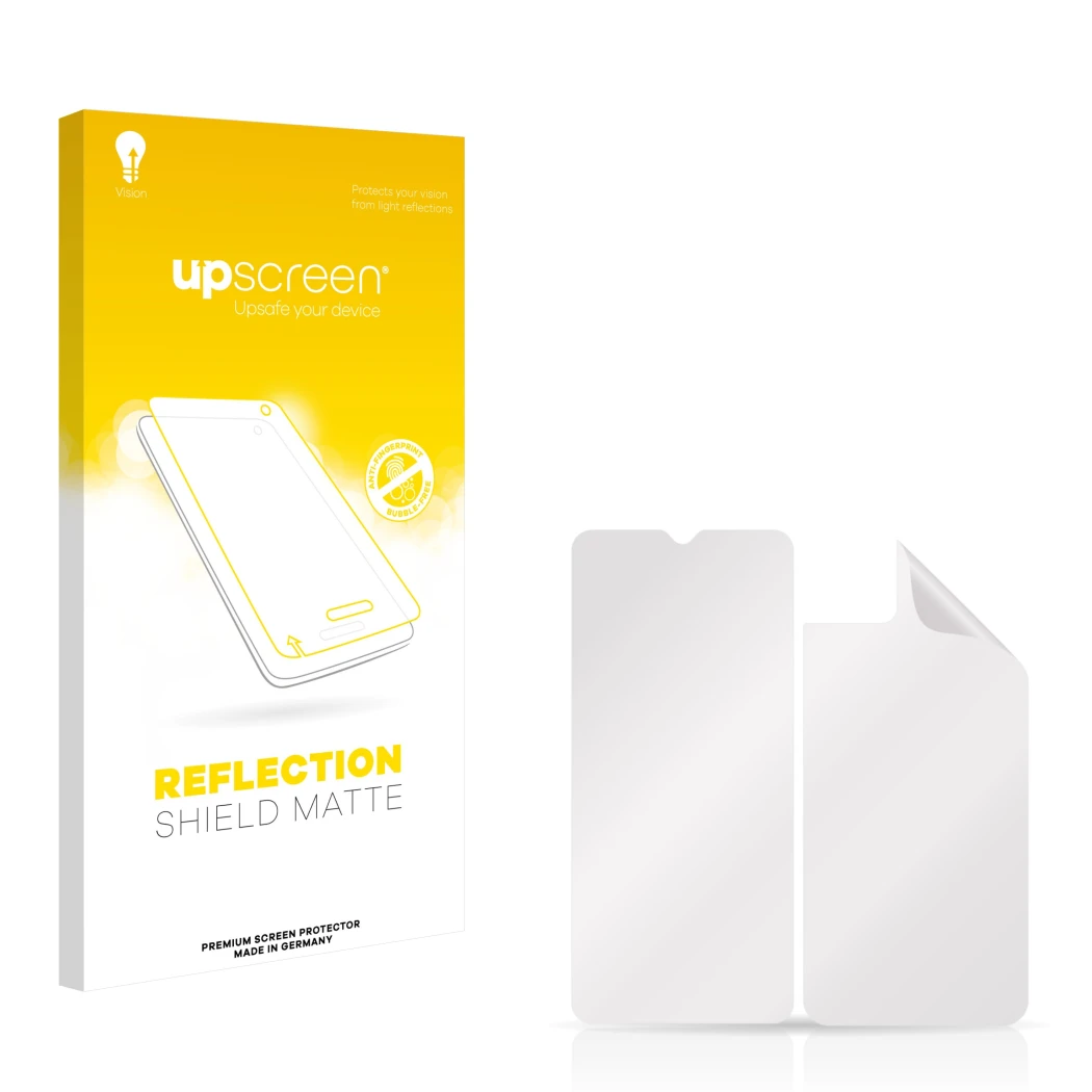 Face avant d’un emballage produit avec le logo de la marque upscreen. À côté se trouve la protection d’écran correspondante.
