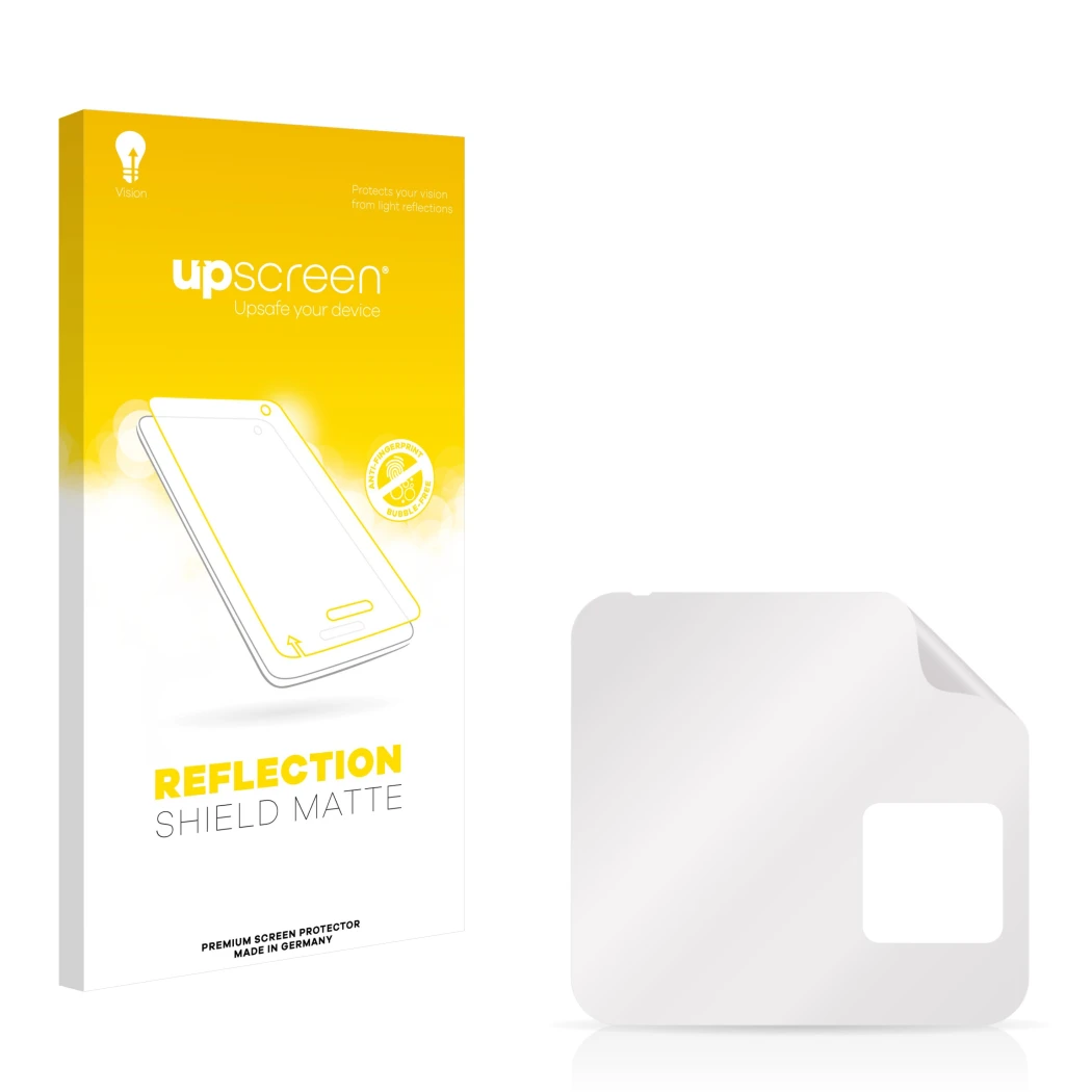 Face avant d’un emballage produit avec le logo de la marque upscreen. À côté se trouve la protection d’écran correspondante.