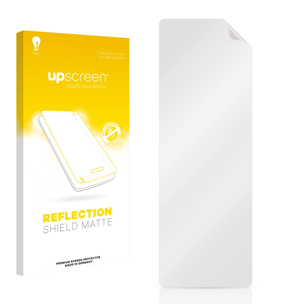 Face avant d’un emballage produit avec le logo de la marque upscreen. À côté se trouve la protection d’écran correspondante.