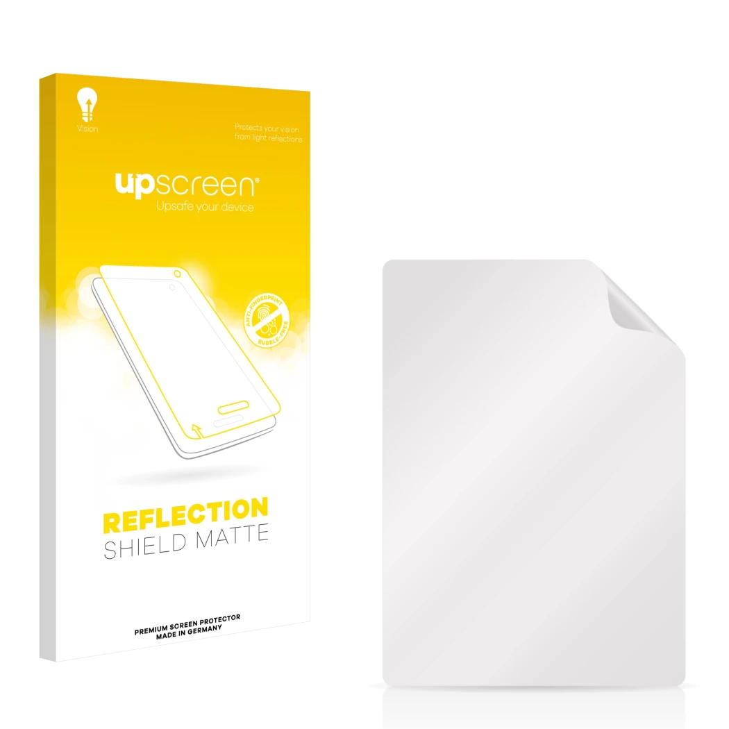 Face avant d’un emballage produit avec le logo de la marque upscreen. À côté se trouve la protection d’écran correspondante.